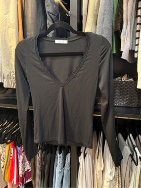 Black Long-Sleeve V-Neck Lace Trim Top